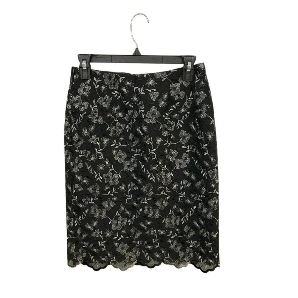 Karen Kane Silver Black Floral Pencil Skirt Scalloped Hem Size 4 Small Fancy